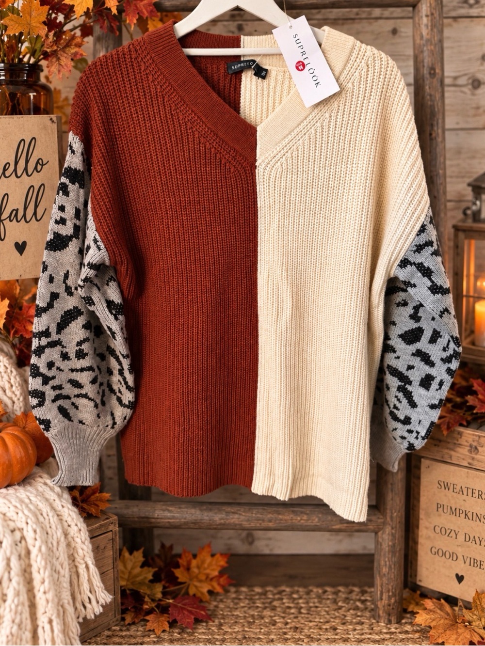 Colorblock V-Neck Sweater in Cream and Rust with Patterned Sleeves